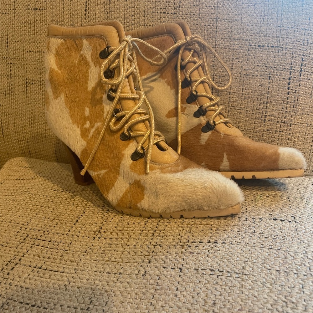 Donald J. Pliner genuine leather cow print white and tan booties 3” heel